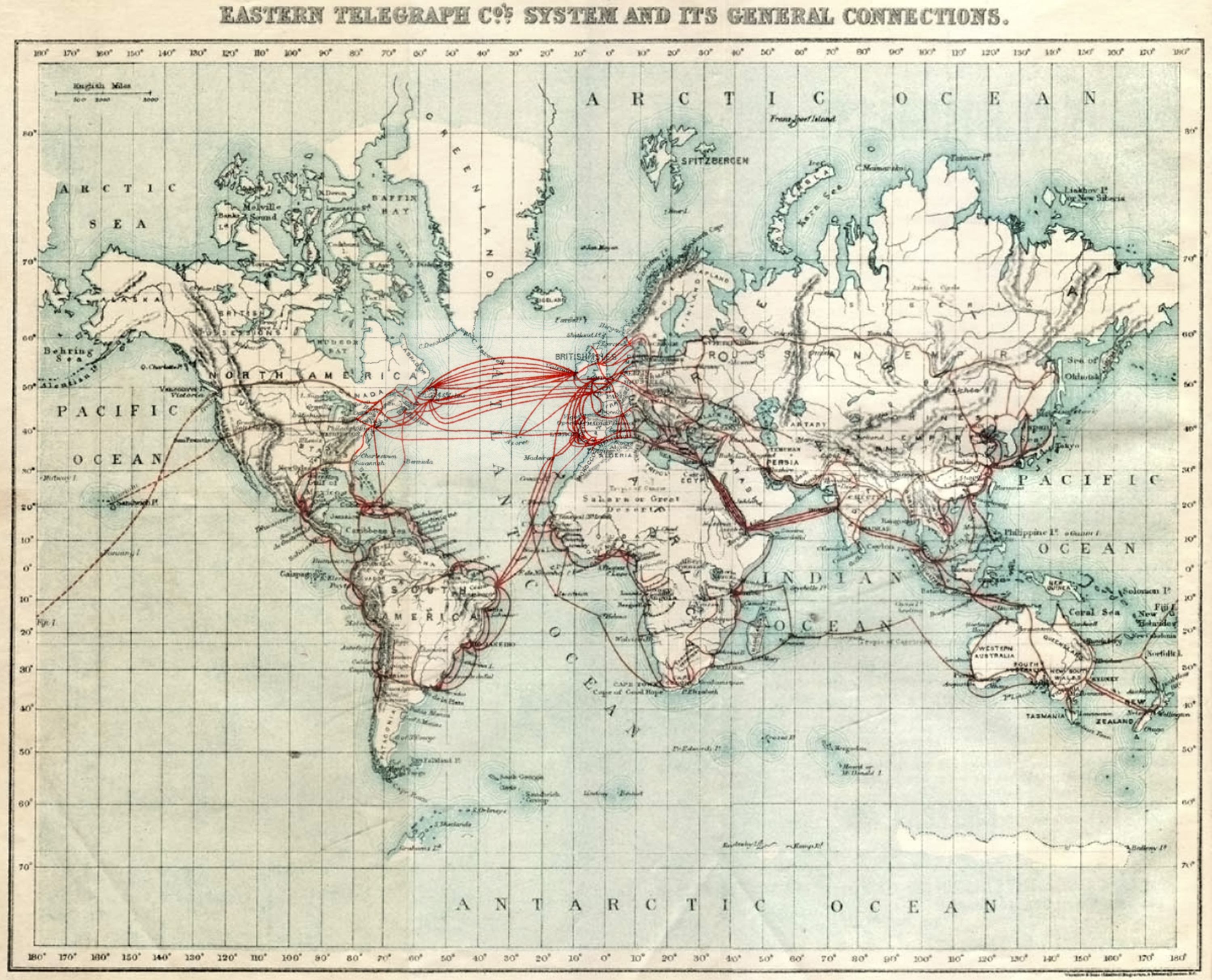 Eastern Telegraph Company network in 1901. Dotted lines across the Pacific indicate planned cables laid in 1902–03.